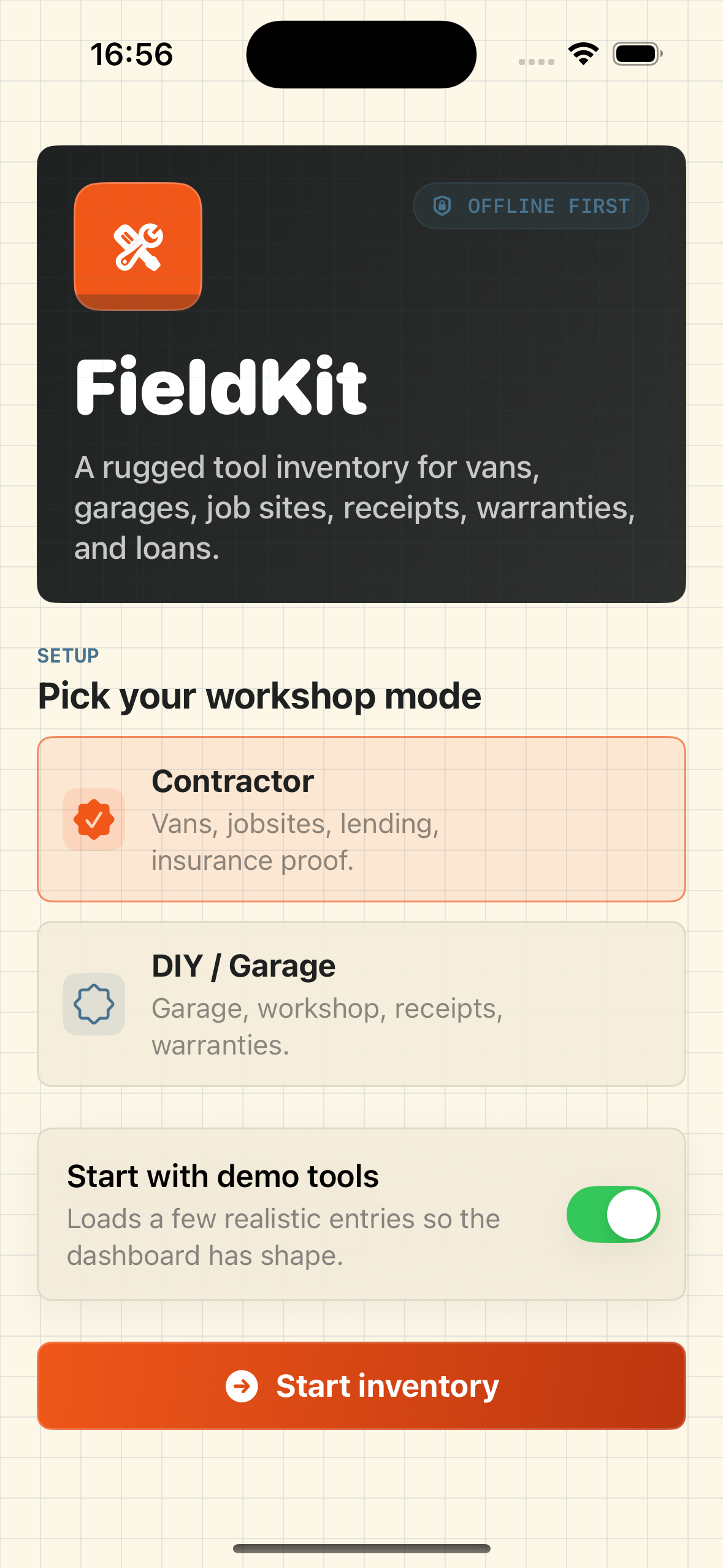 Pick your workshop mode — contractor or DIY garage — during onboarding