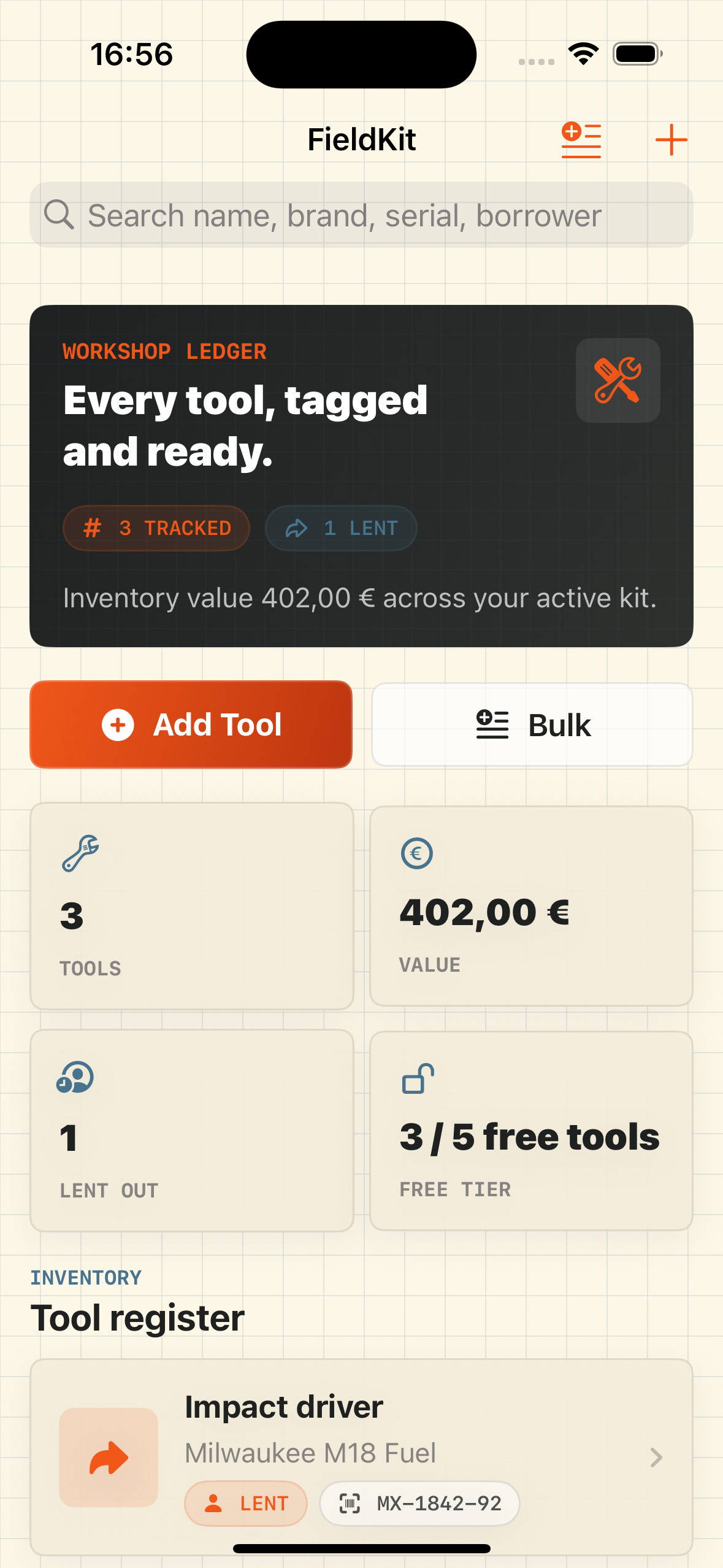 Dashboard — inventory value, tracked tools, lent items, and free-tier count at a glance