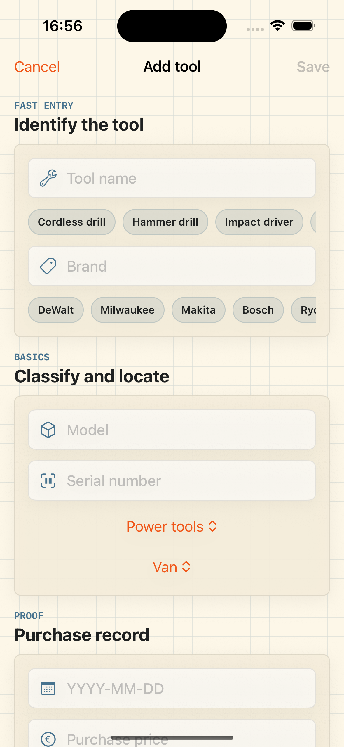 Add a tool fast — name, brand, model, serial, category, and location with autocomplete