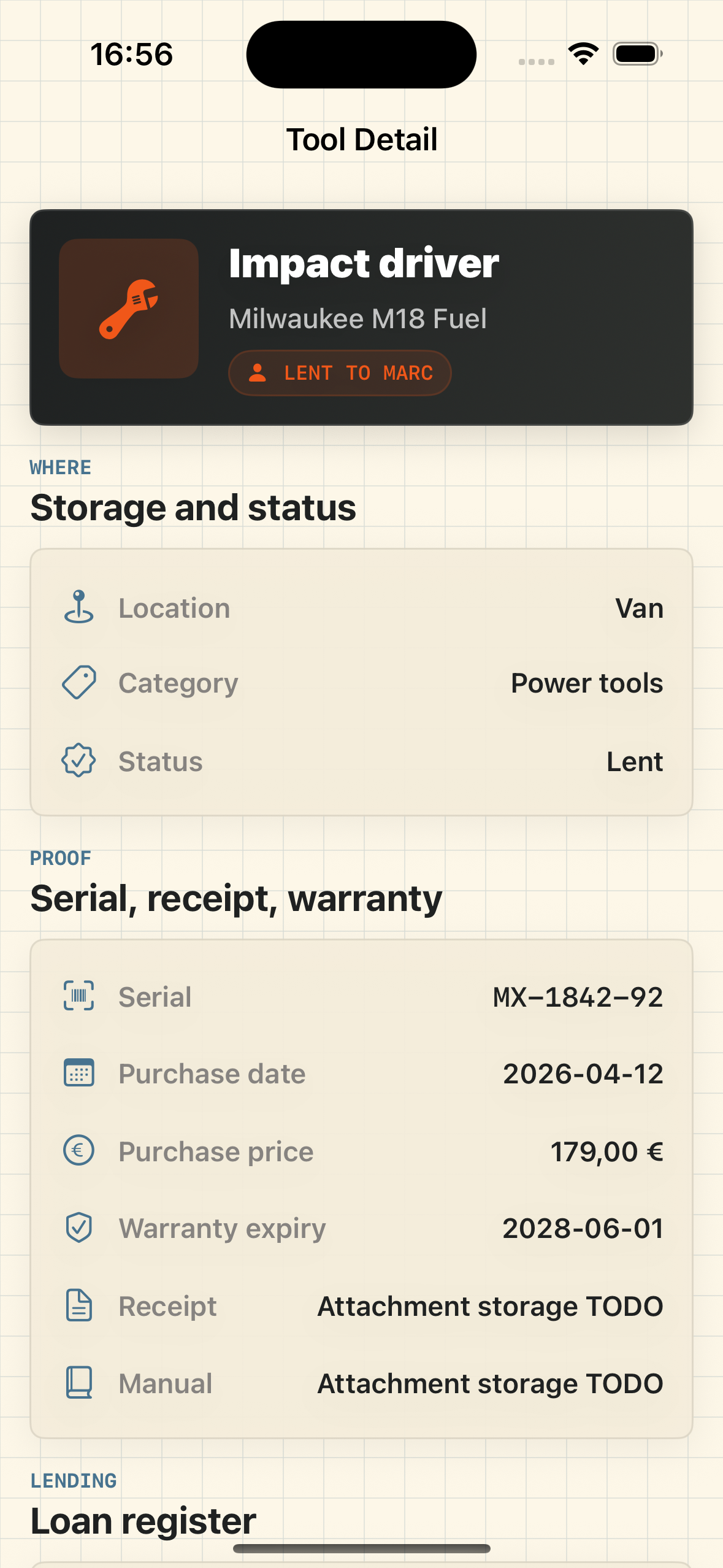 Tool detail — storage, status, serial, receipt, warranty, and loan register