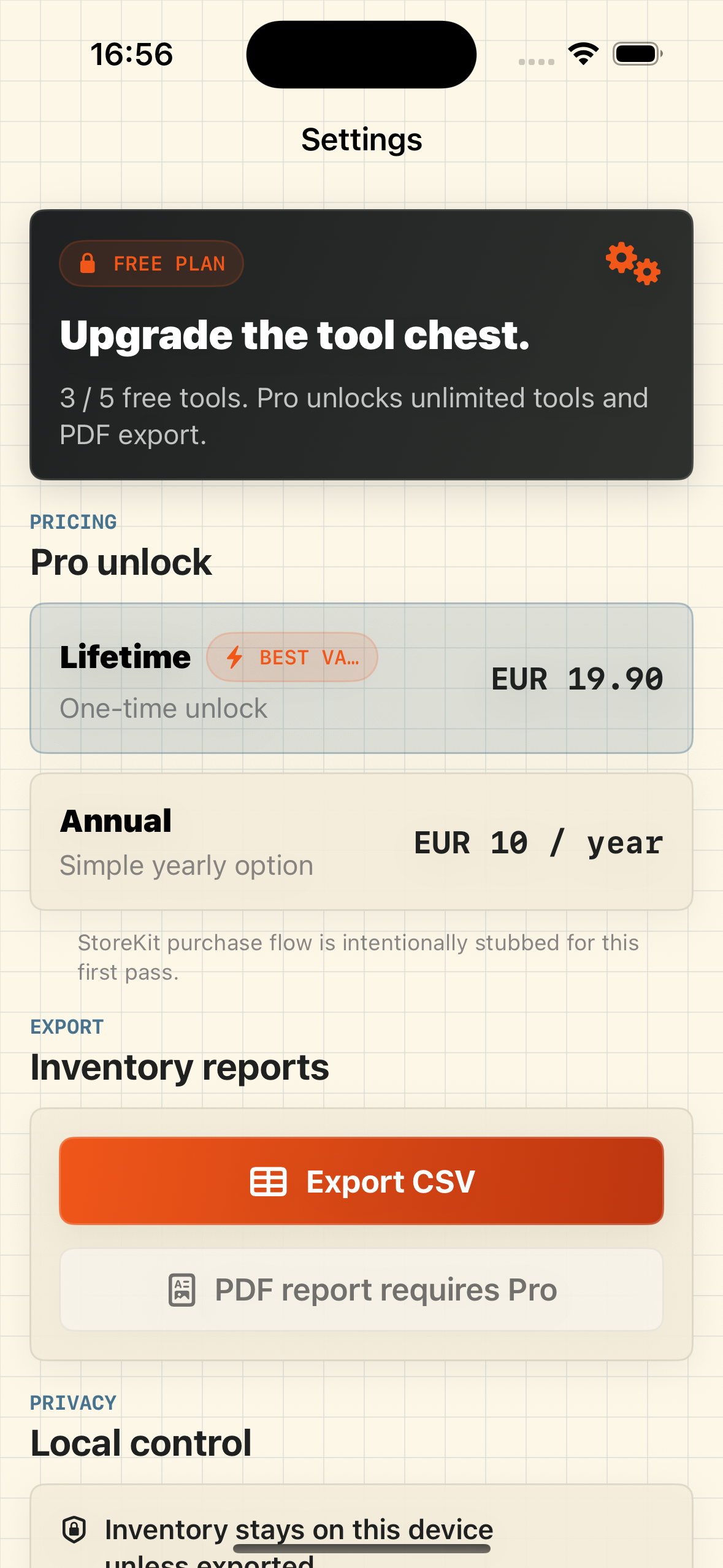 Settings & Pro — lifetime or annual unlock, CSV export, and local-only privacy